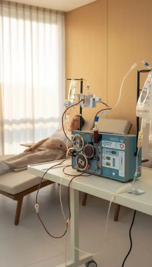 Apheresis device and treatment bed beside a private-room window