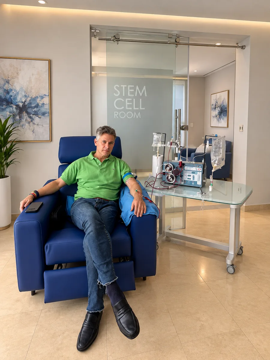 Patient seated in a blue chair beside apheresis equipment, blood circuit and infusion stands in a clinical room