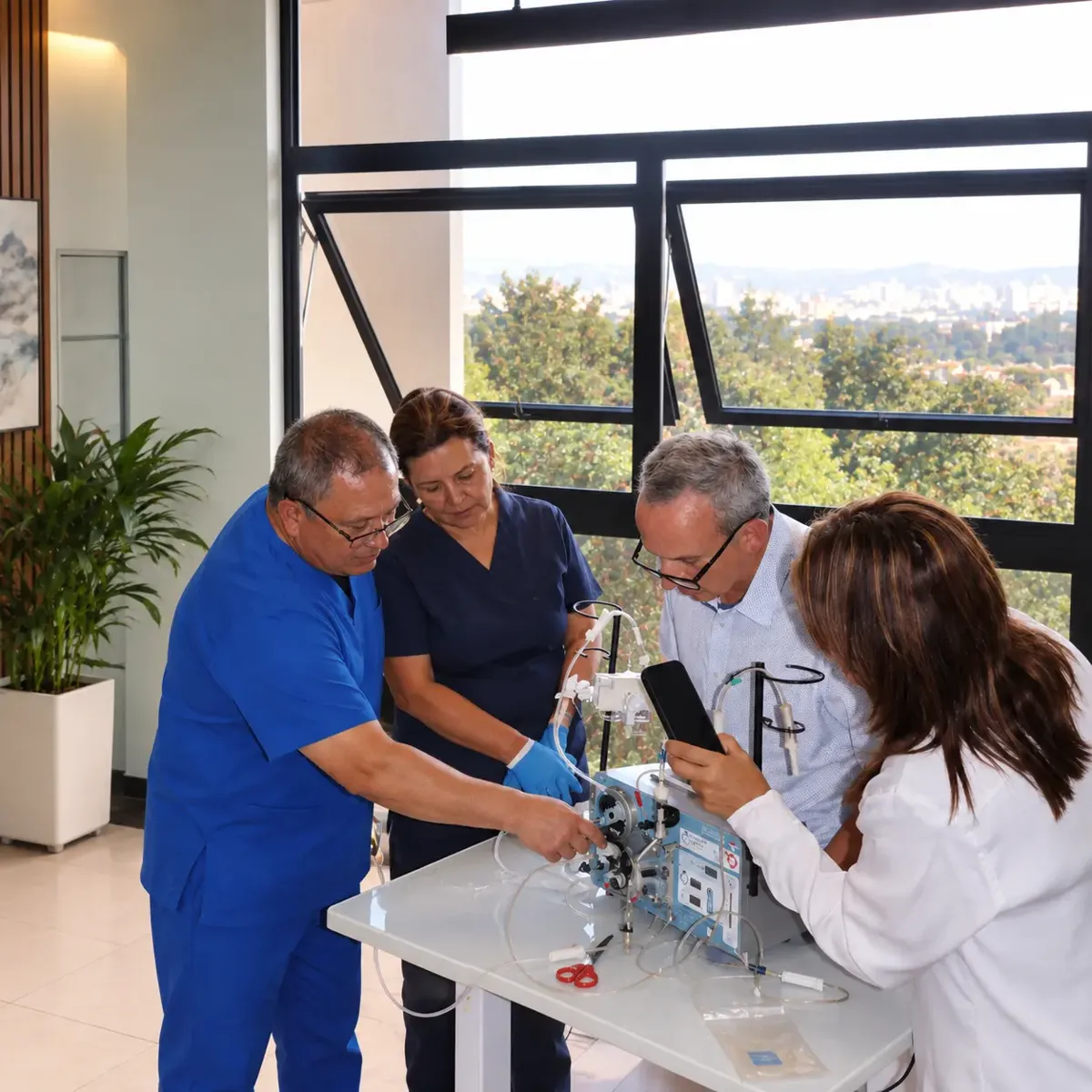 Four professionals prepare and review the circuit of an apheresis device